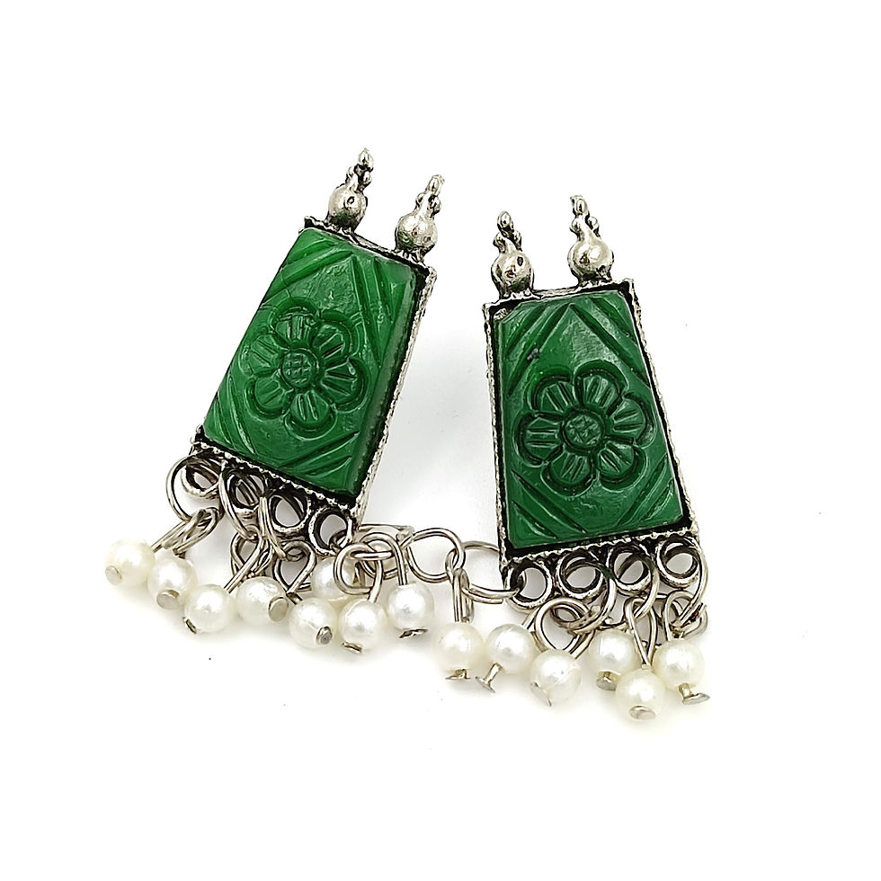 Thumbnail: Stylish Engraving Stone Studs Earrings With Pearl Work