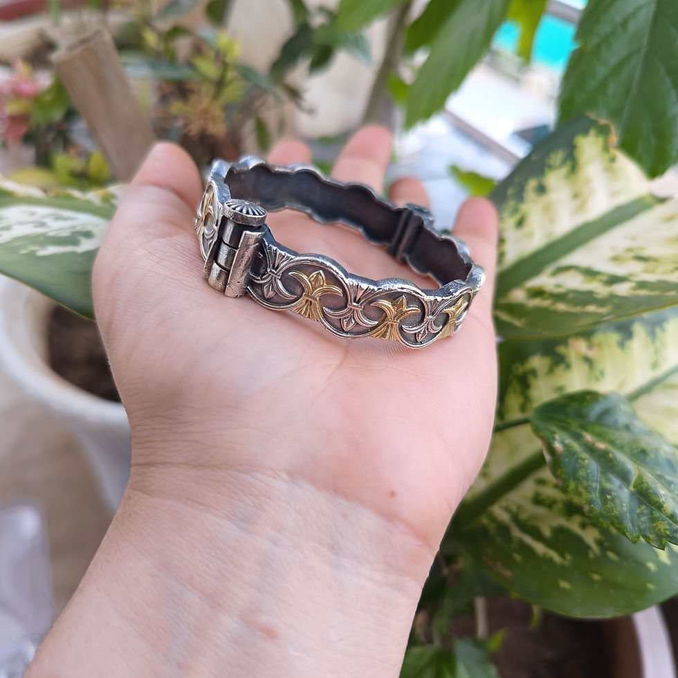 Oxidised Silver Gold Two Tone Kada - Brass Floral Scroll Hinged Bangles for Weddings & Festivals