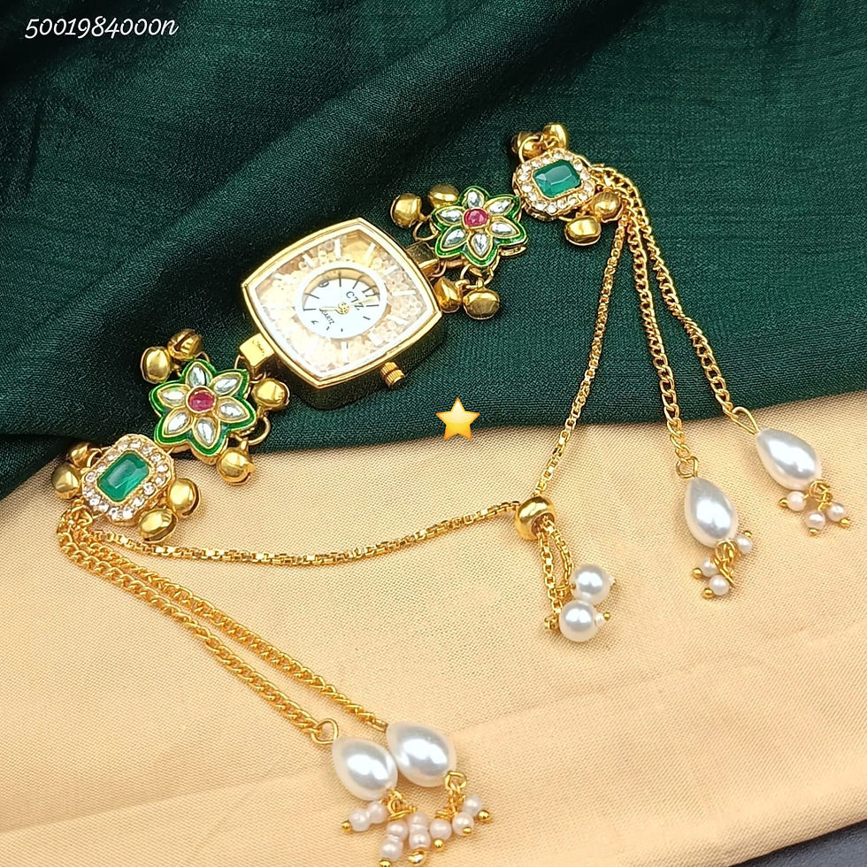 Gold Plated Floral Bracelet Watch – Green Stone Ethnic Watch for Women