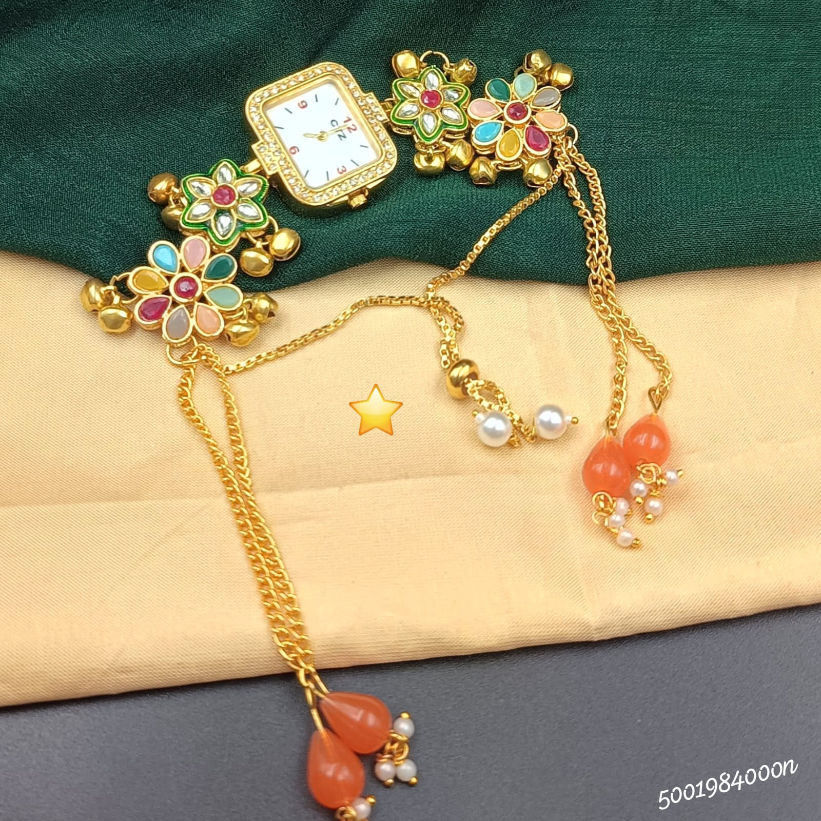 Gold Plated Floral Bracelet Watch – Multi Color Ethnic Watch with Orange Drops