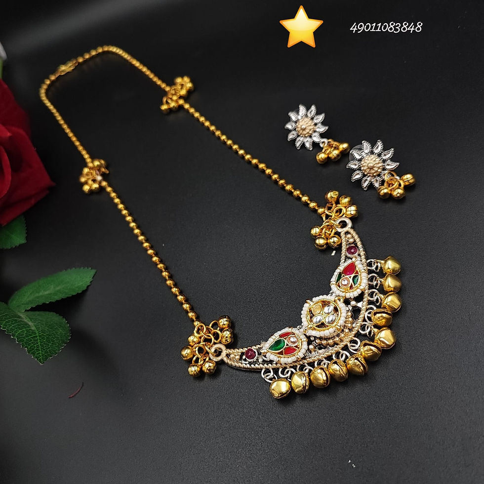 Oxidised Two Tone Chand Meenakari Necklace Set with Ghungroo Drops & Earrings