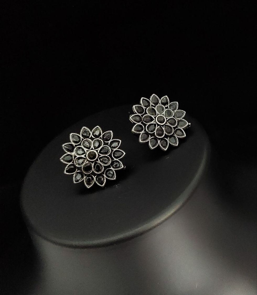 Thumbnail: Oxidised Yash Flower Stone stud earrings