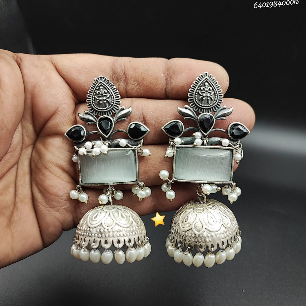 Thumbnail: Lightweight Oxidised Silver Jhumka Earrings - Monalisa Stone & Pearl Chandbali for Weddings, Festivals & Ethnic Wear (9 Color