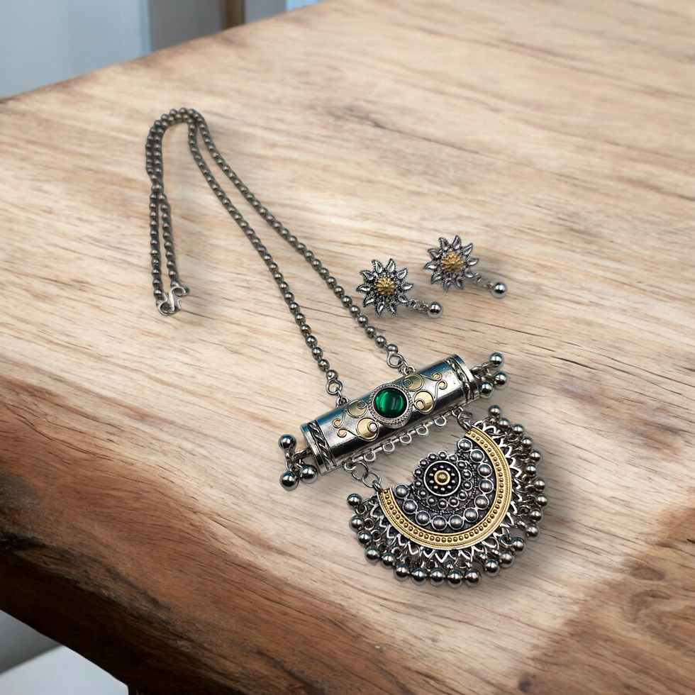 Oxidised Two Tone Chain Necklace Earrings Set