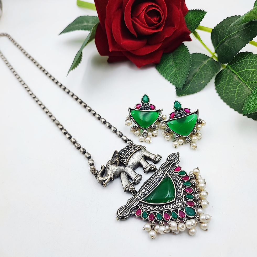 Silver replica brass monalisa stone elephant chain necklace earrings set Price 350/-