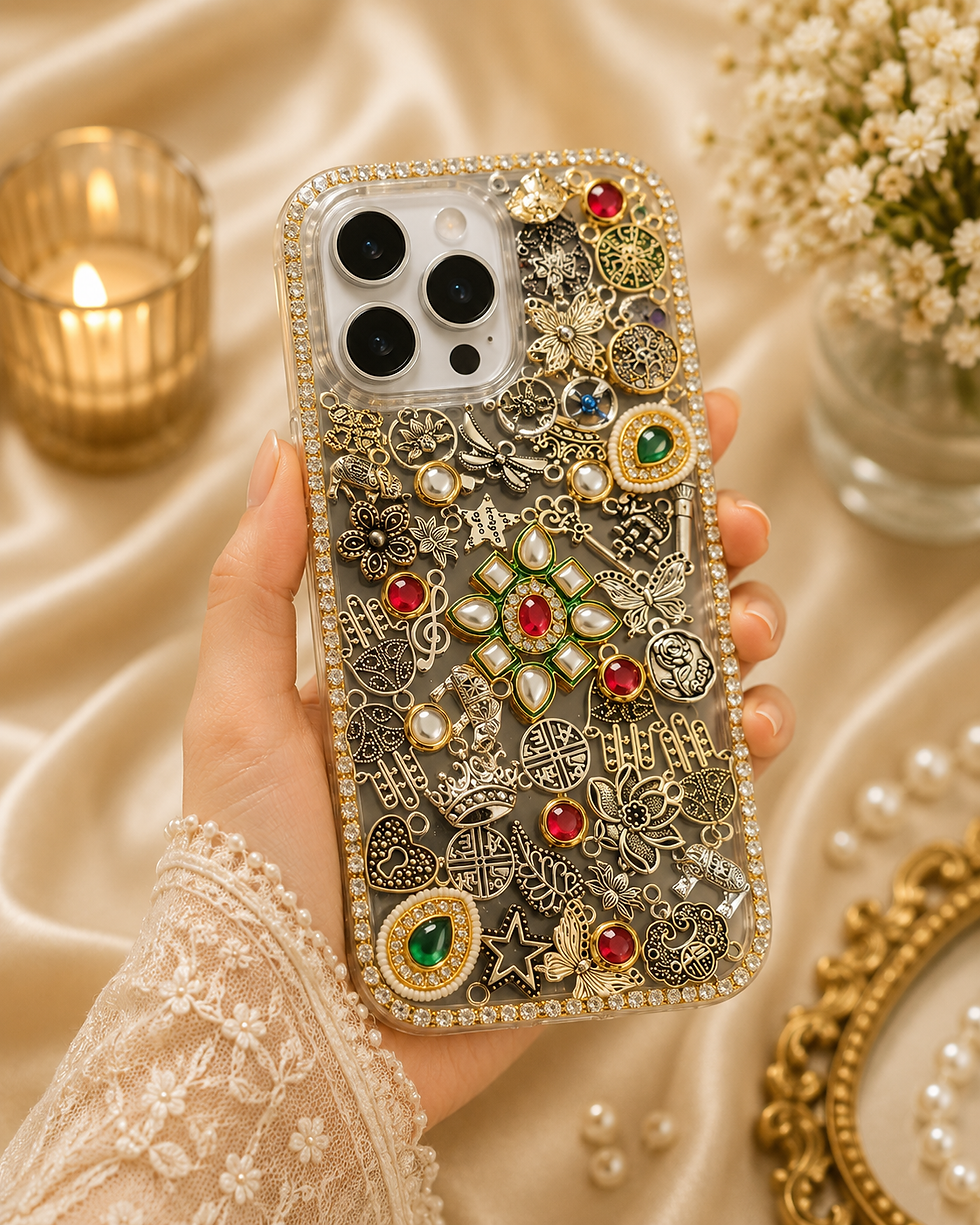 Antique gold charm mobile cover with kundan cross centrepiece hamsa coins crowns and red green stones on clear crystal case