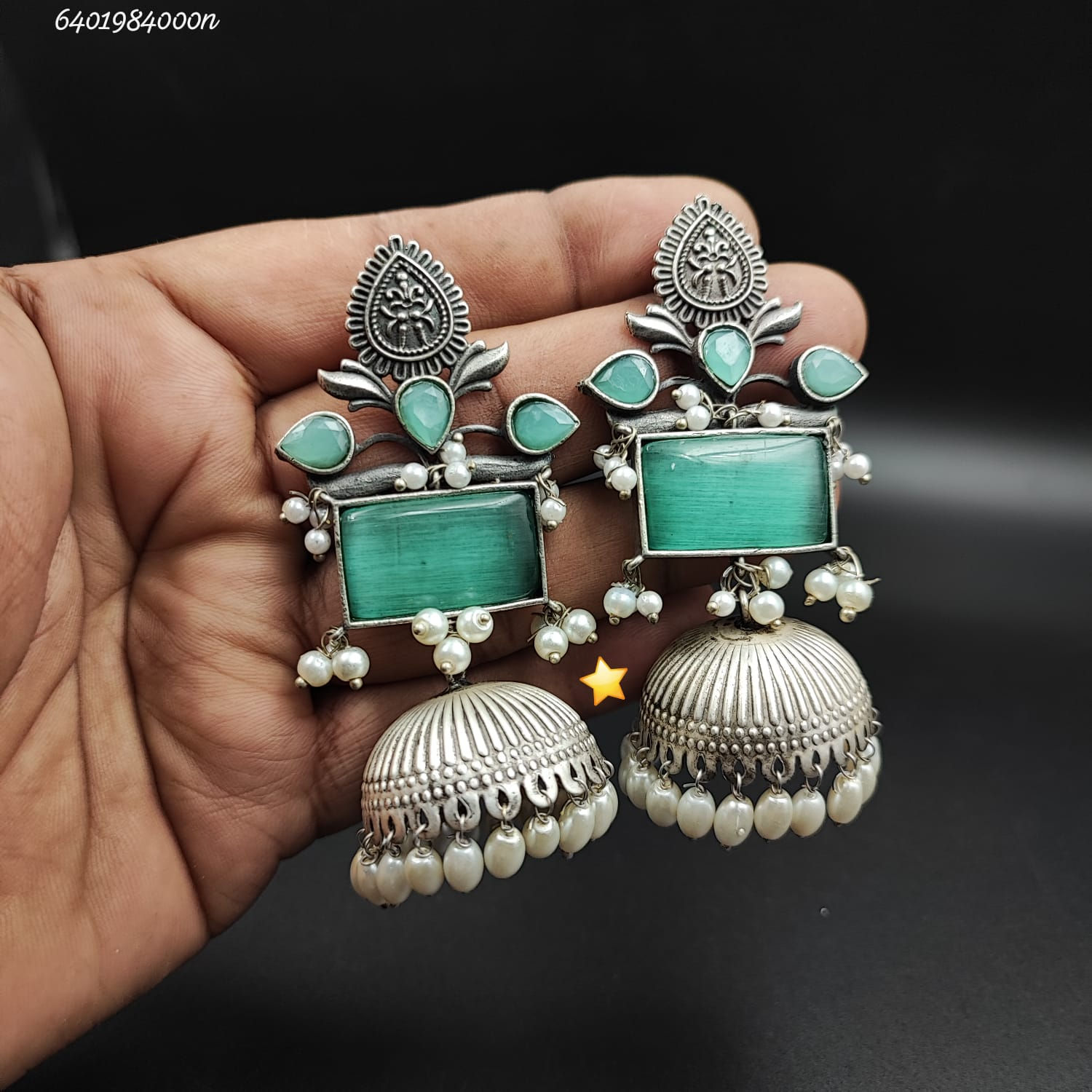 Lightweight Oxidised Silver Jhumka Earrings - Monalisa Stone & Pearl Chandbali for Weddings, Festivals & Ethnic Wear (9 Color