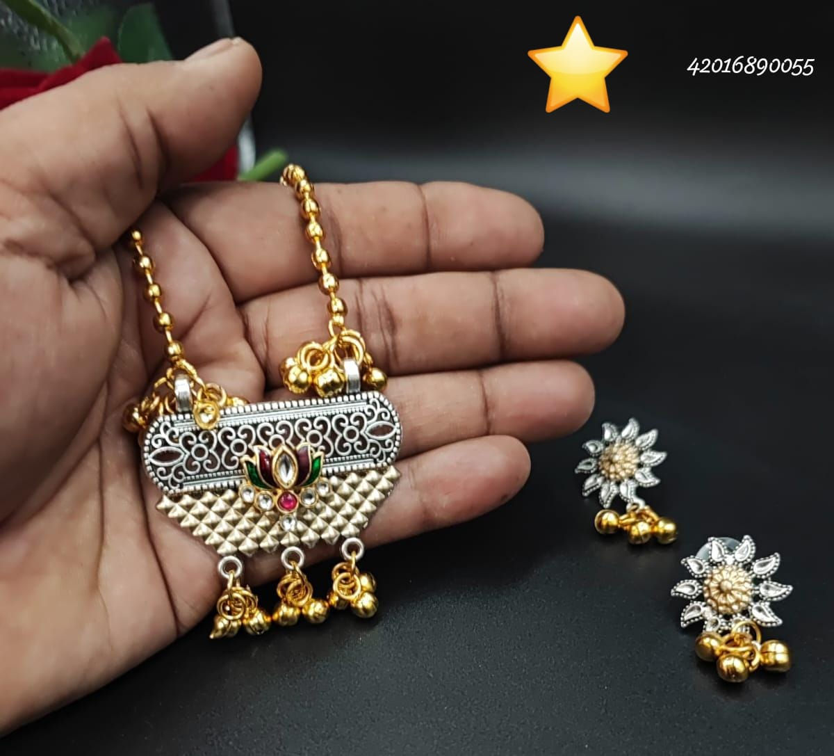 Oxidised Two Tone Lotus Meenakari Necklace Set with Ghungroo Drops & Earrings
