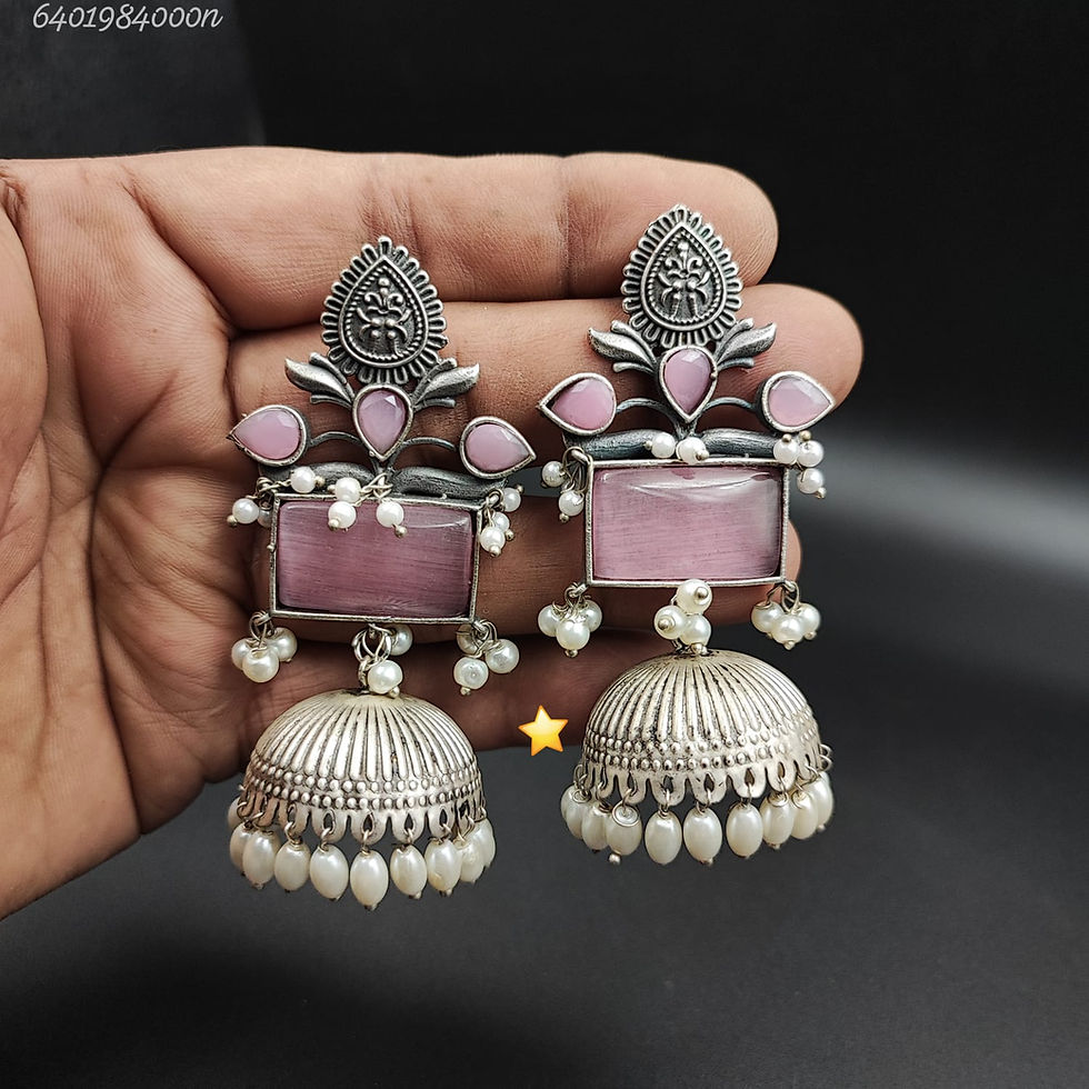 Thumbnail: Lightweight Oxidised Silver Jhumka Earrings - Monalisa Stone & Pearl Chandbali for Weddings, Festivals & Ethnic Wear (9 Color