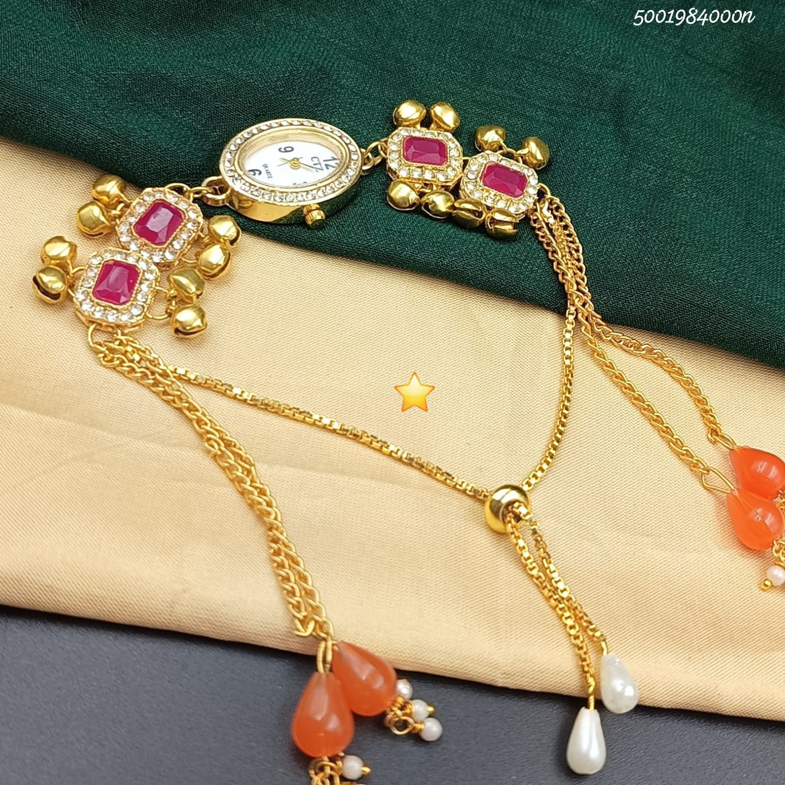 Gold Plated Kashmiri Style Watch with Pink Stone & Pearl Drops