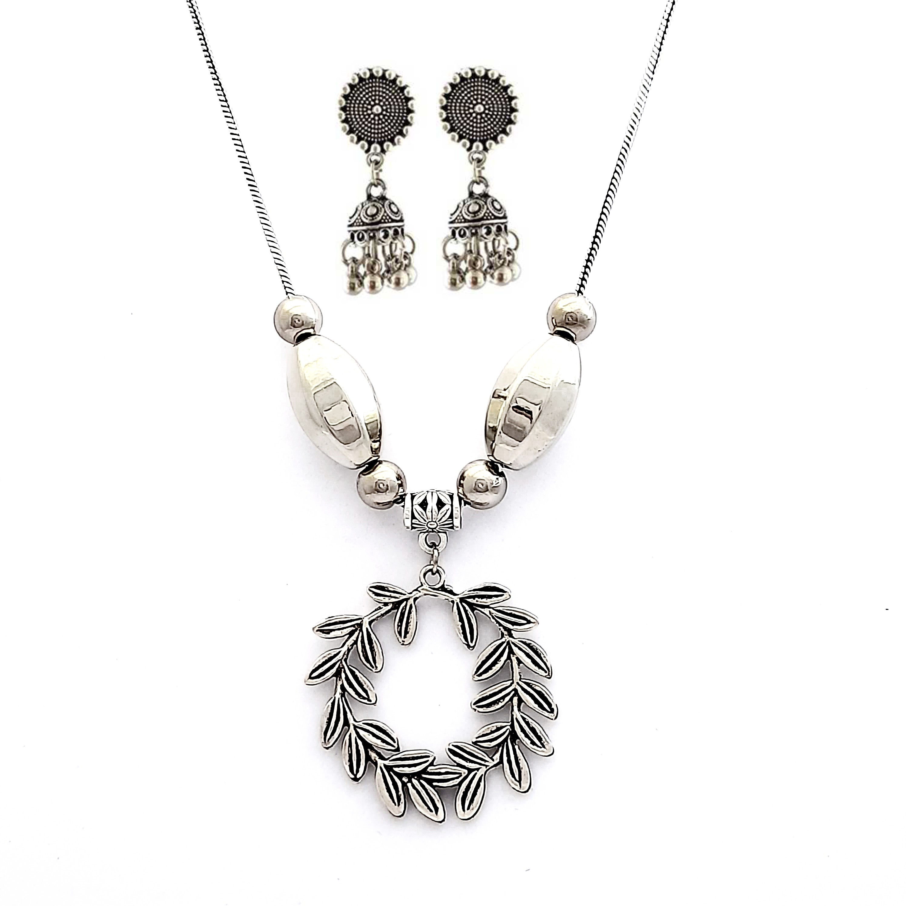 Oxidised Pendant Chain Necklace with Earrings
