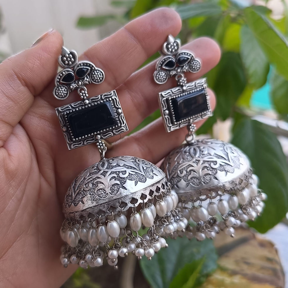 Thumbnail: Silver replica brass jhumka earrings in multicolor - green, black, pink, yellow for women and girls