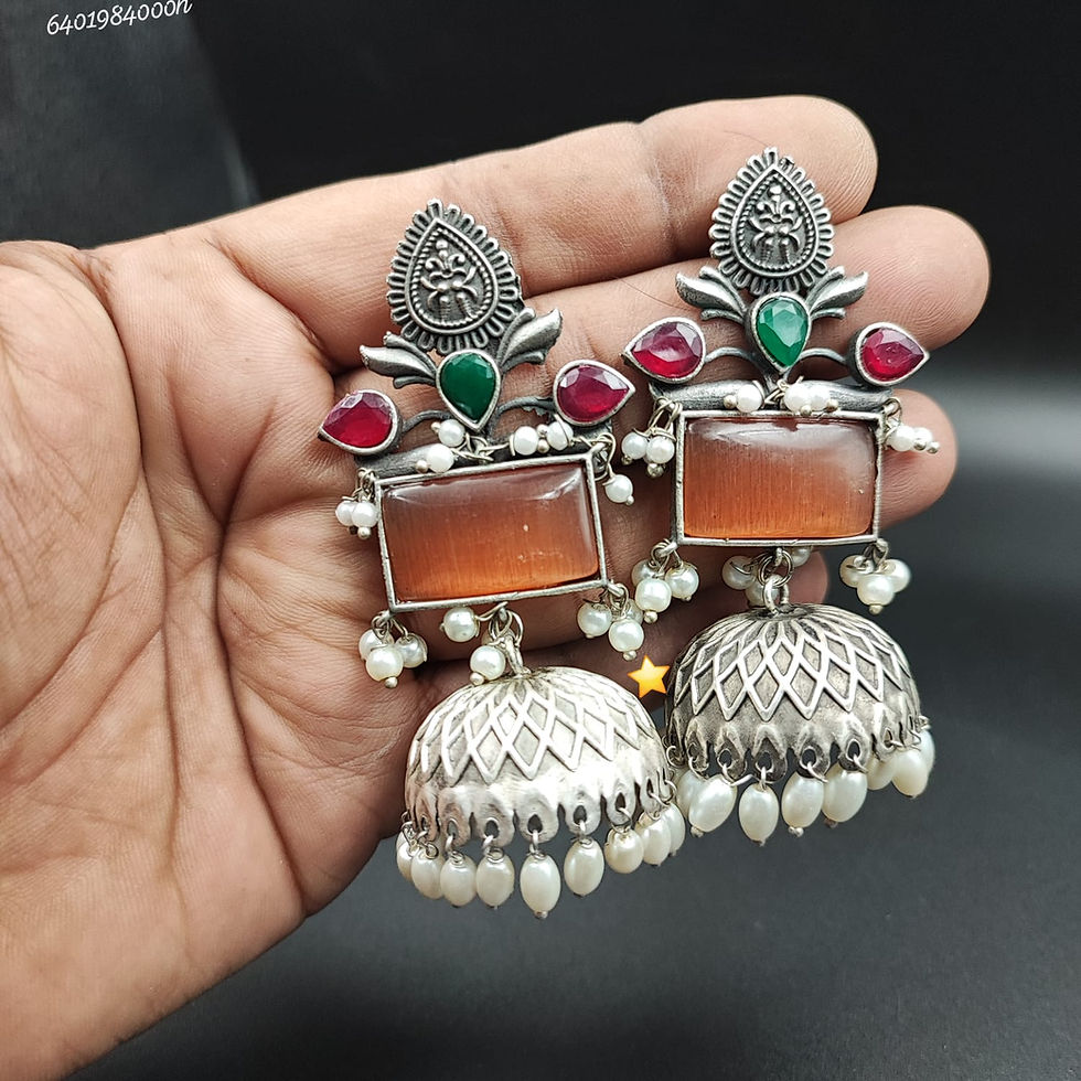 Thumbnail: Lightweight Oxidised Silver Jhumka Earrings - Monalisa Stone & Pearl Chandbali for Weddings, Festivals & Ethnic Wear (9 Color