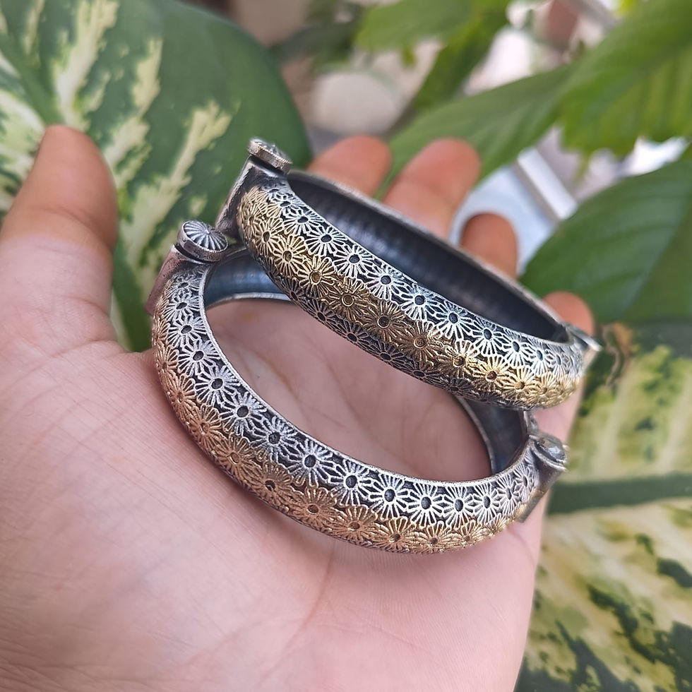 Oxidised Silver Lookalike Floral Kada Bangles – Two Tone Openable Traditional Bracelet