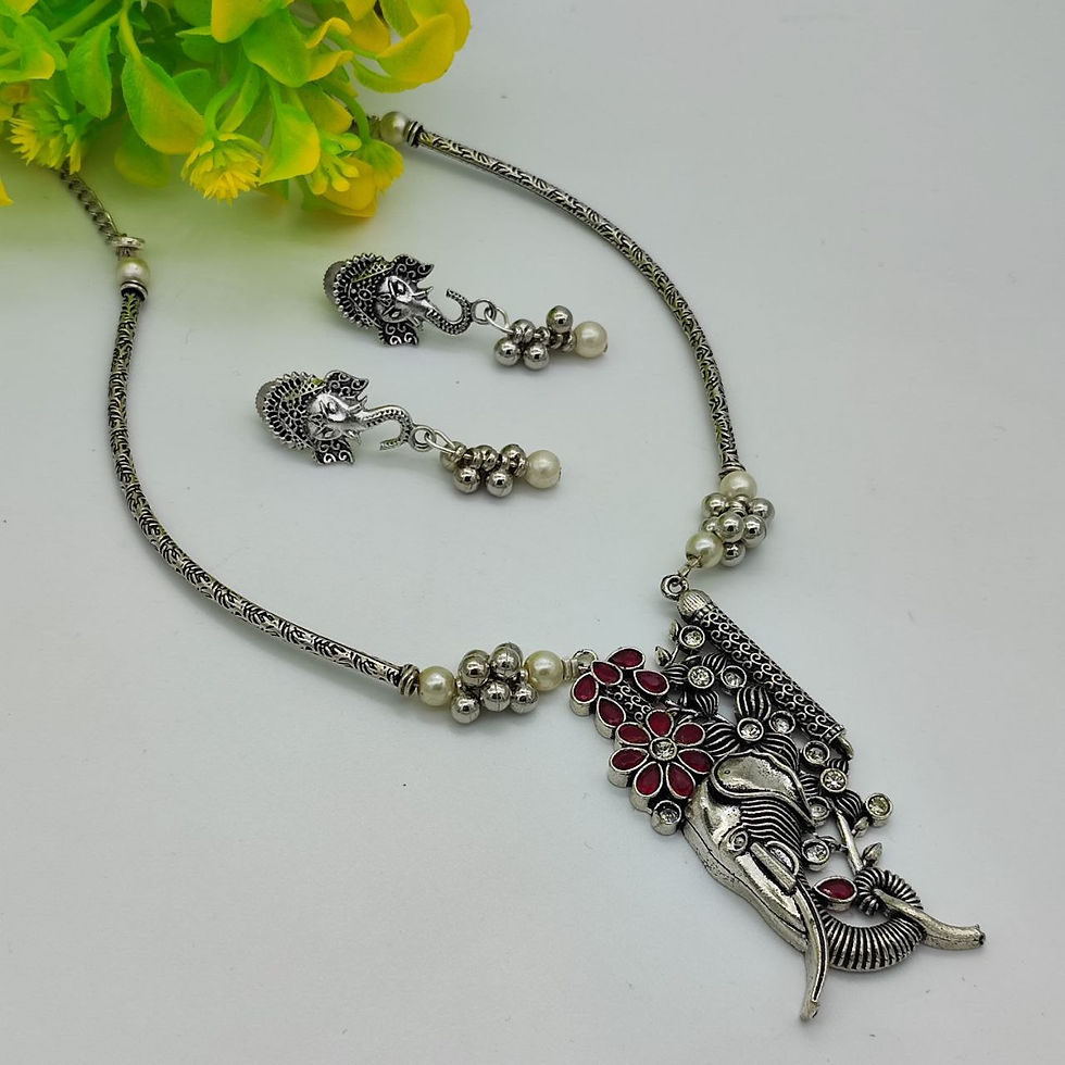 Oxidised Elephant Style Hasli Necklace With Earrings