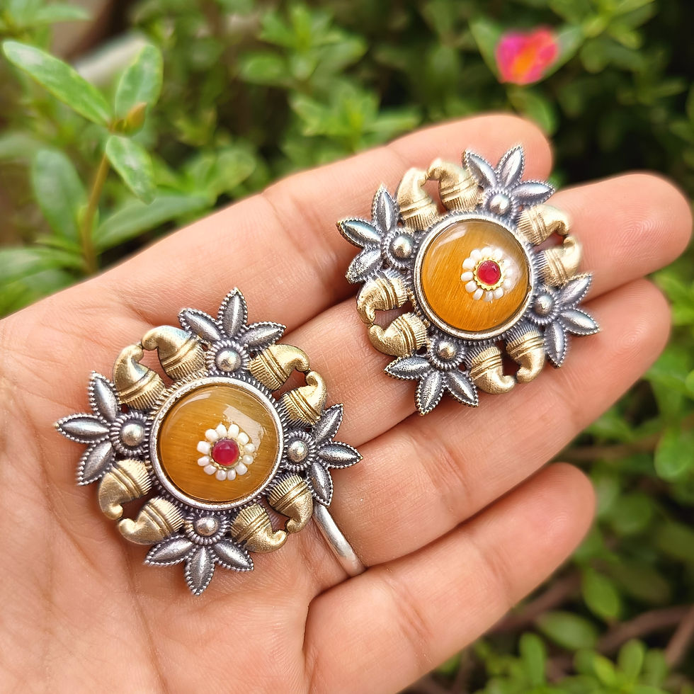 Thumbnail: Silver replica Monalisa Stone two tone earrings