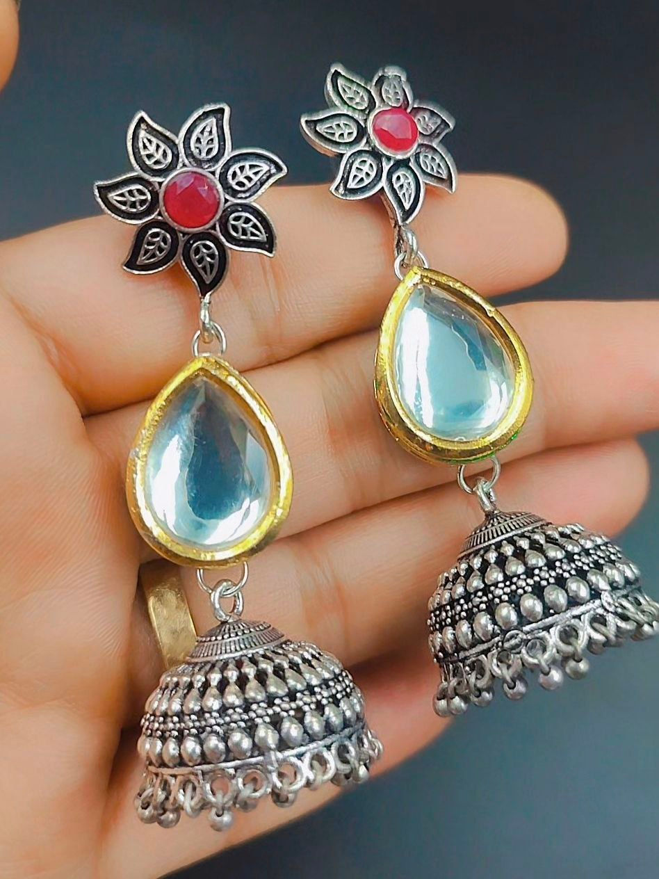 Thumbnail: Oxidized Earrings With Kundan Work