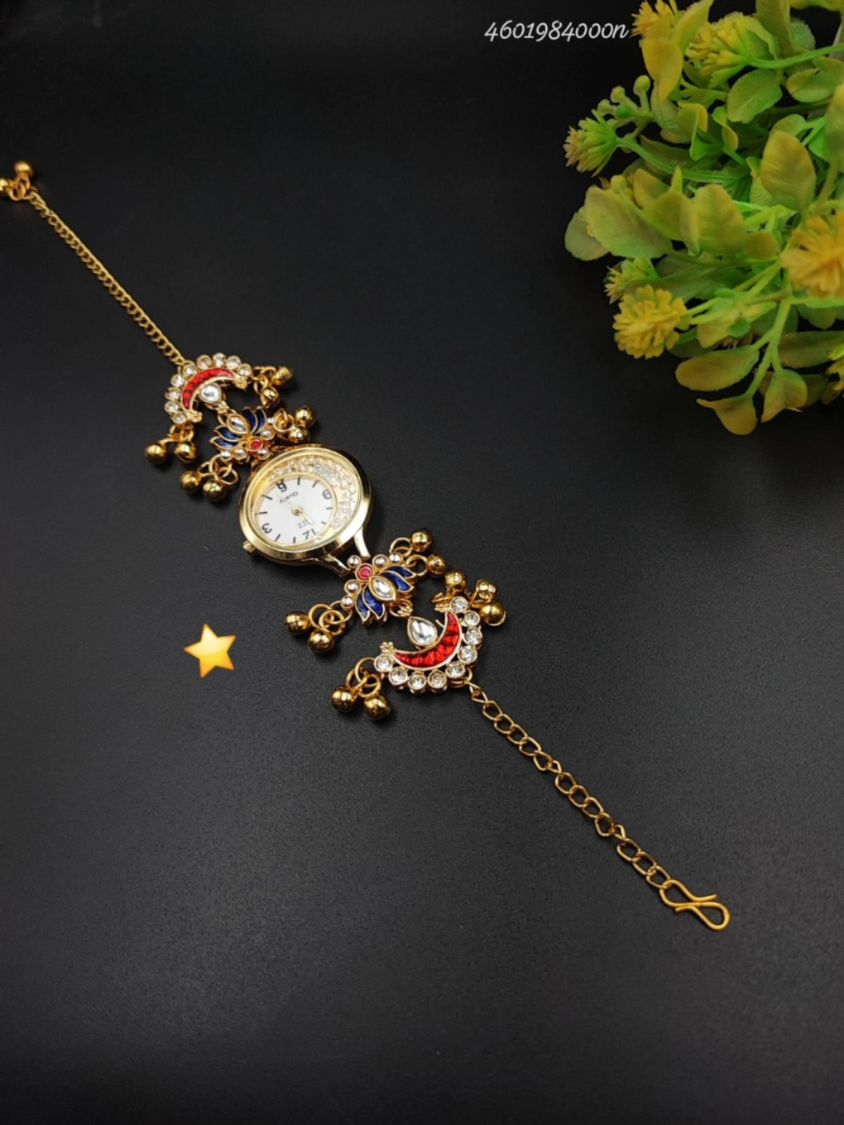 Gold plated Kashmiri bracelet watch with elephant motifs, artificial ruby and crystal stones, and ghungroo beads for women