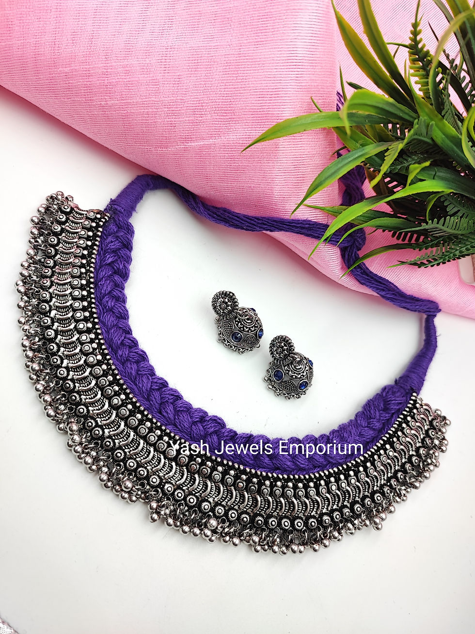 Thumbnail: Oxidised kolhapuri Thread Choker Necklace Earrings Set