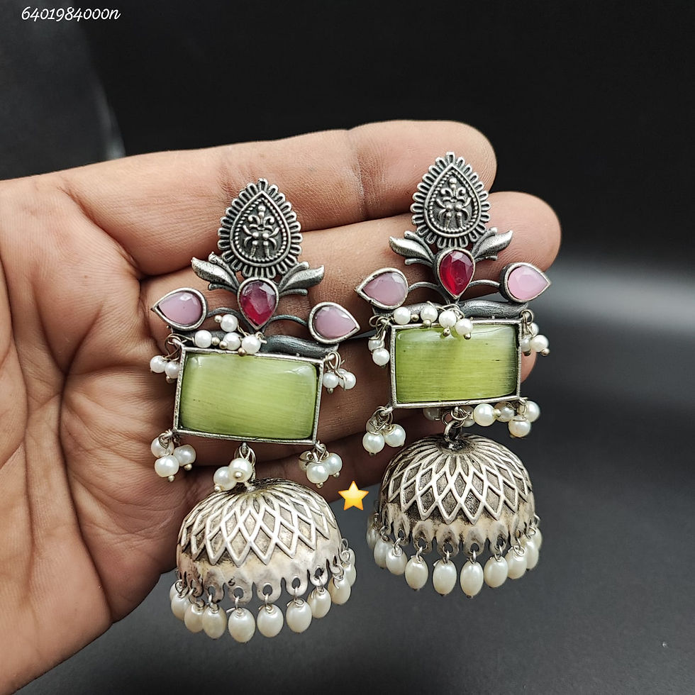 Thumbnail: Lightweight Oxidised Silver Jhumka Earrings - Monalisa Stone & Pearl Chandbali for Weddings, Festivals & Ethnic Wear (9 Color