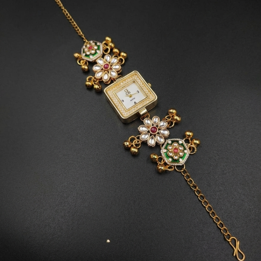Gold plated square Kashmiri watch with floral kundan detailing