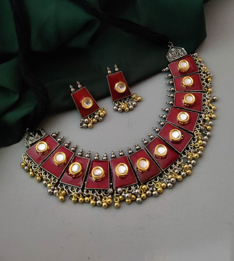 Thumbnail: Oxidized Kundan Meena necklace with Matching earring