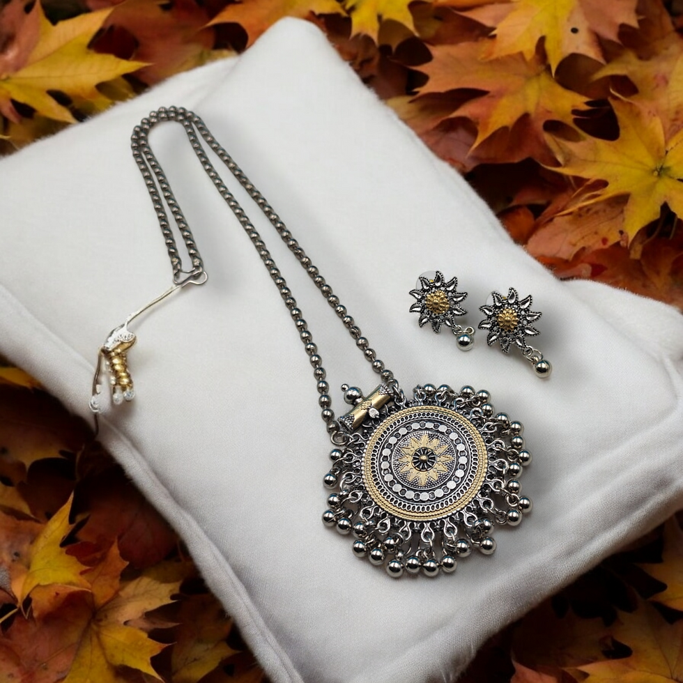 Oxidised Two Tone Chain Necklace Earrings Set