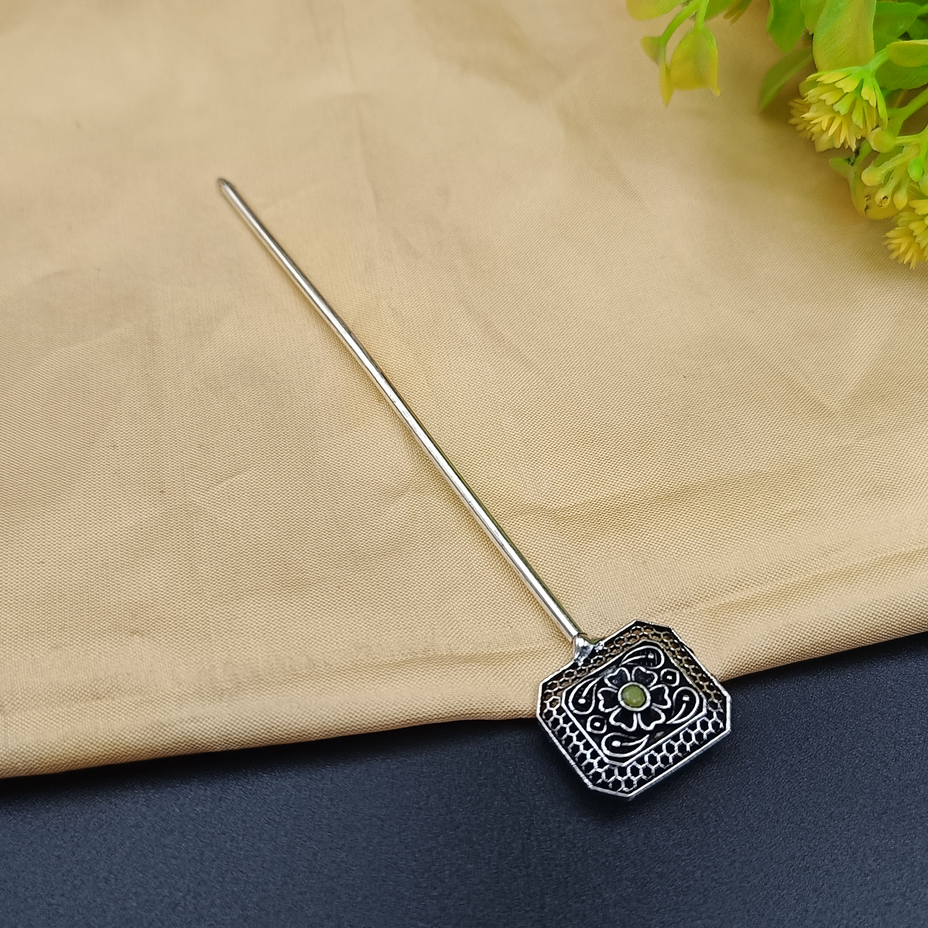 Oxidised brass hairpin with blue, red, yellow, teal, baby pink, green, artificial stone, ethnic juda hair pin