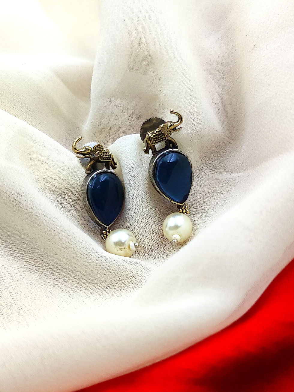 Thumbnail: Brass Silver Lookalike Monalisa Stone Elephant Two Tone Earrings