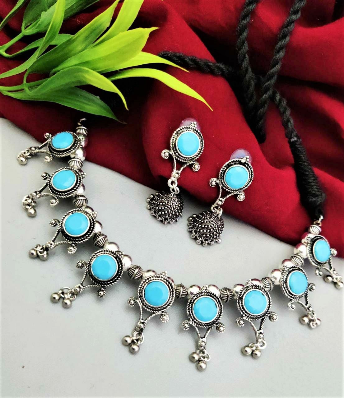 Oxidized Stone Premium Quality Necklace with Earring( Aqua color)