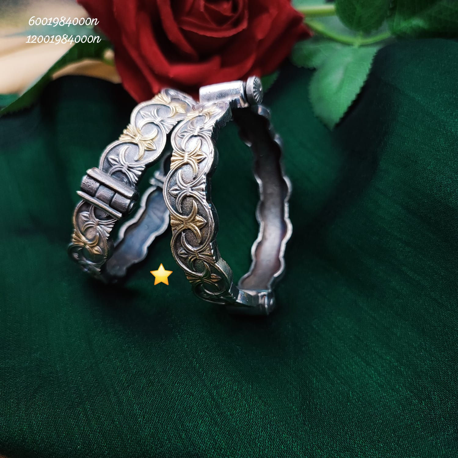 Oxidised Silver Gold Two Tone Kada - Brass Floral Scroll Hinged Bangles for Weddings & Festivals