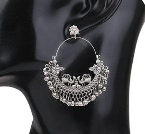 Thumbnail: Oxidized  Silver Plated Chand Bali Earrings