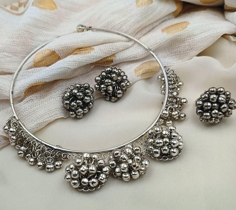 Thumbnail: Oxidised silver plated ghungroo Hasli necklace earrings set with adjustable ring
