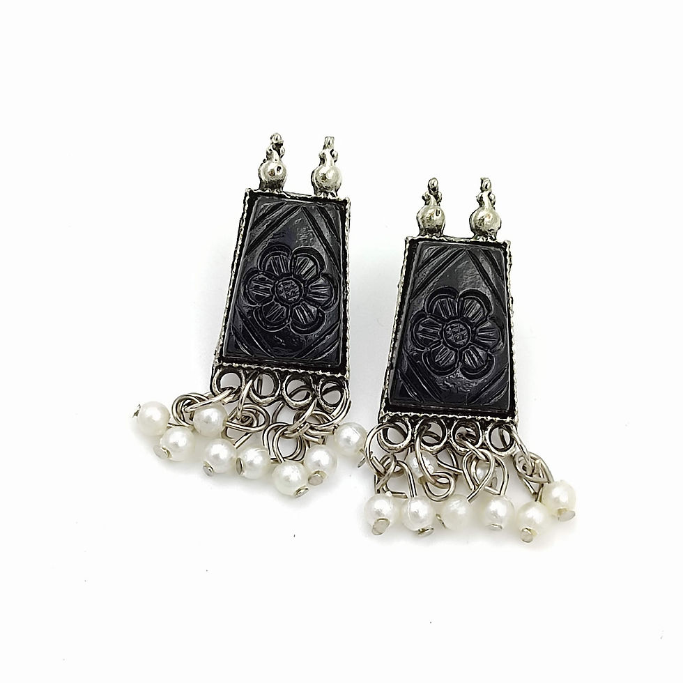 Thumbnail: Stylish Engraving Stone Studs Earrings With Pearl Work