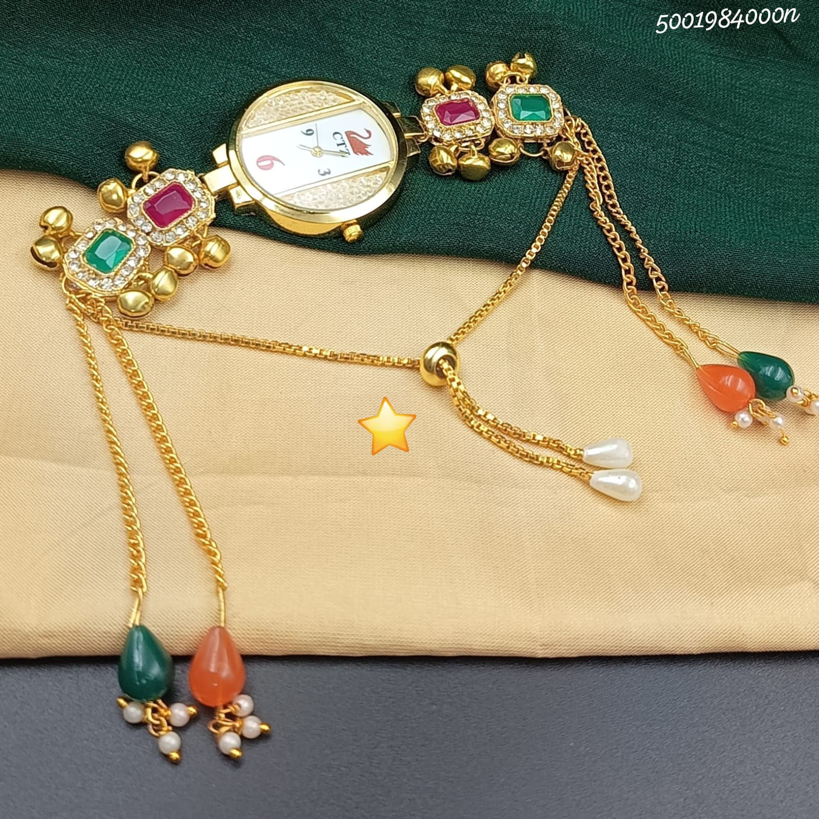 Gold Plated Multi-Color Floral Bracelet Watch | Handcrafted Ethnic Brass Jewelry