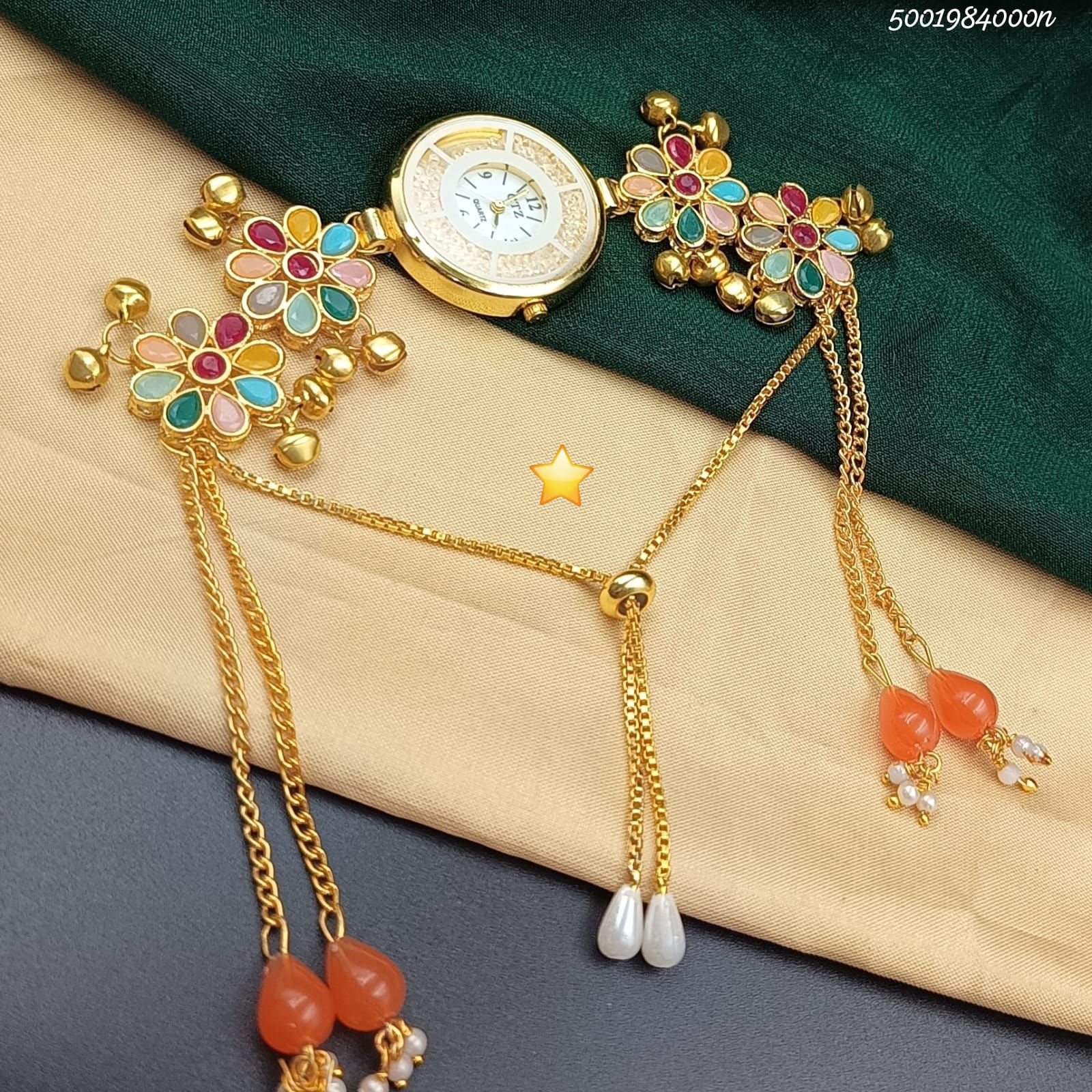 Gold Plated Multicolor Floral Bracelet Watch – Festive Ethnic Watch for Women