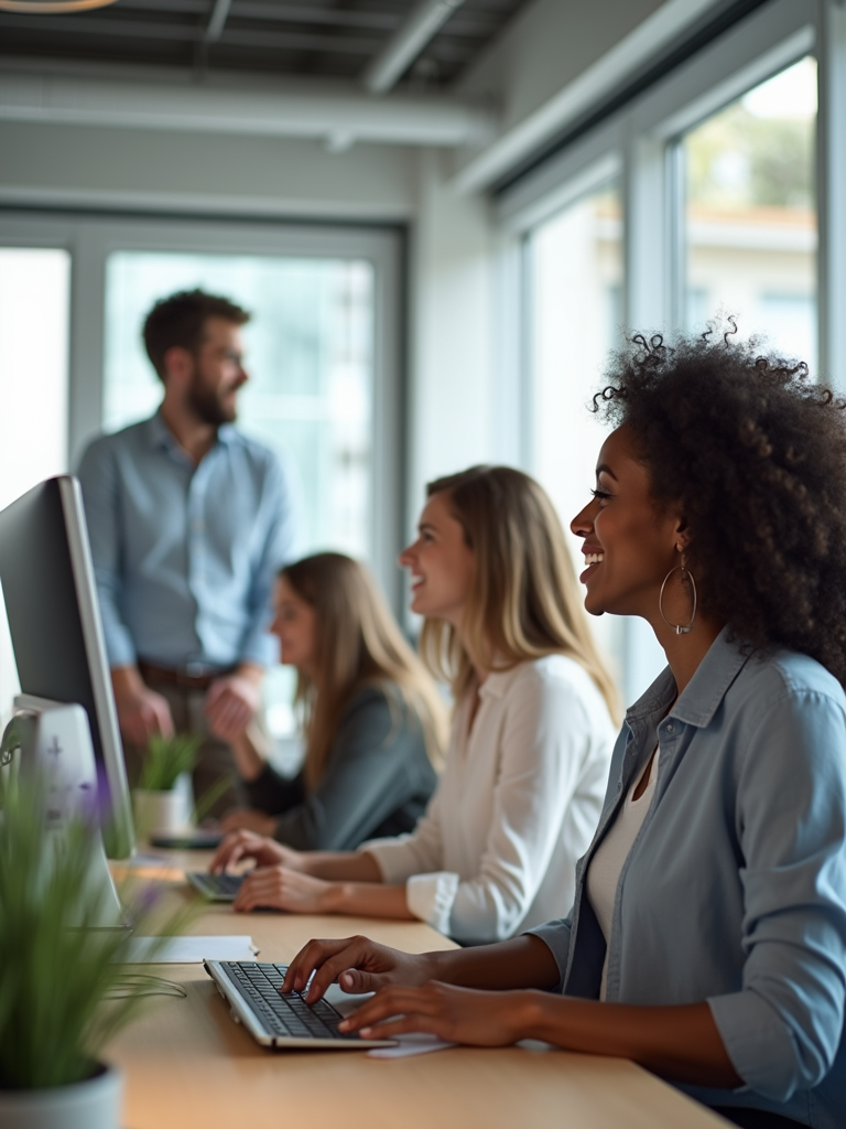 A diverse group of professionals collaborating cheerfully in a bright, modern office with 