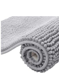 Rolled grey chenille bath mat for rabbit housing