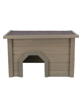 Small wooden rabbit hideout house with flat roof.