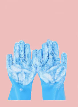 Hands in blue gloves soapy for cats grooming and cleaning