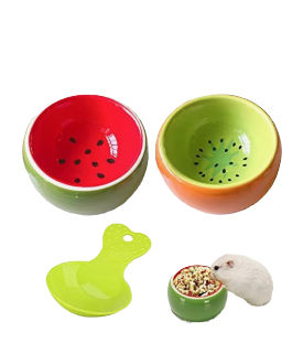 Ceramic fruit-shaped hamster bowls and a scoop