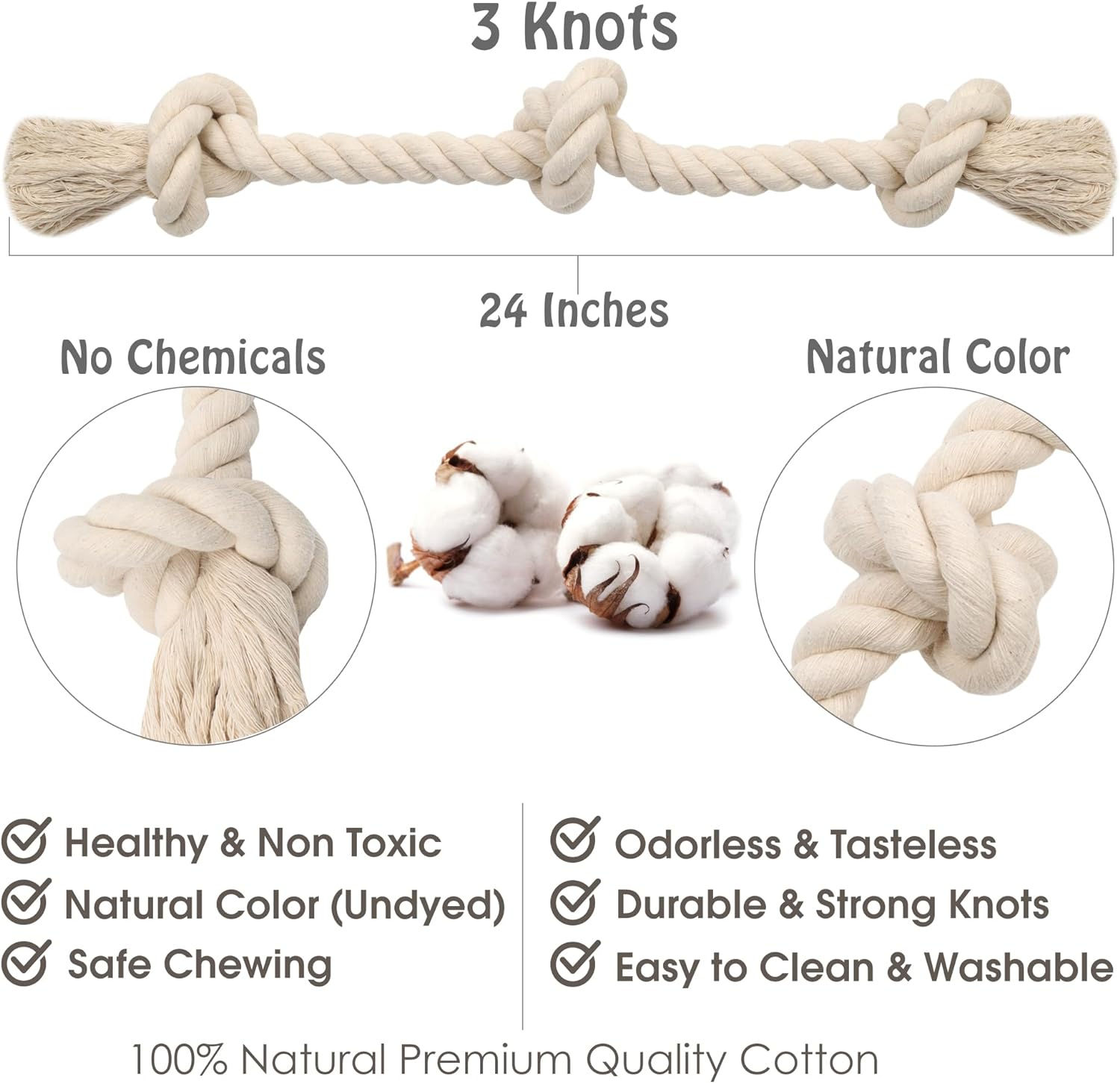 Natural White Cotton Tough Dog Rope Toy – Chew Toys. Non Toxic and Premium Rope
