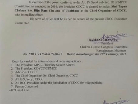 Heartiest congratulations to Mr Tapan Chakma on appointment as Chief Organizer of CDCC