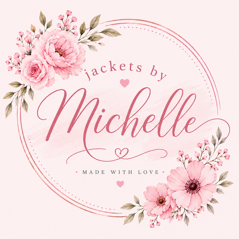 Square pink floral logo reading 'jackets by Michelle' with flowers and script text