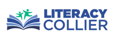 Literacy Collier logo with blue open book graphic and green human figures representing literacy, learning, and community conn