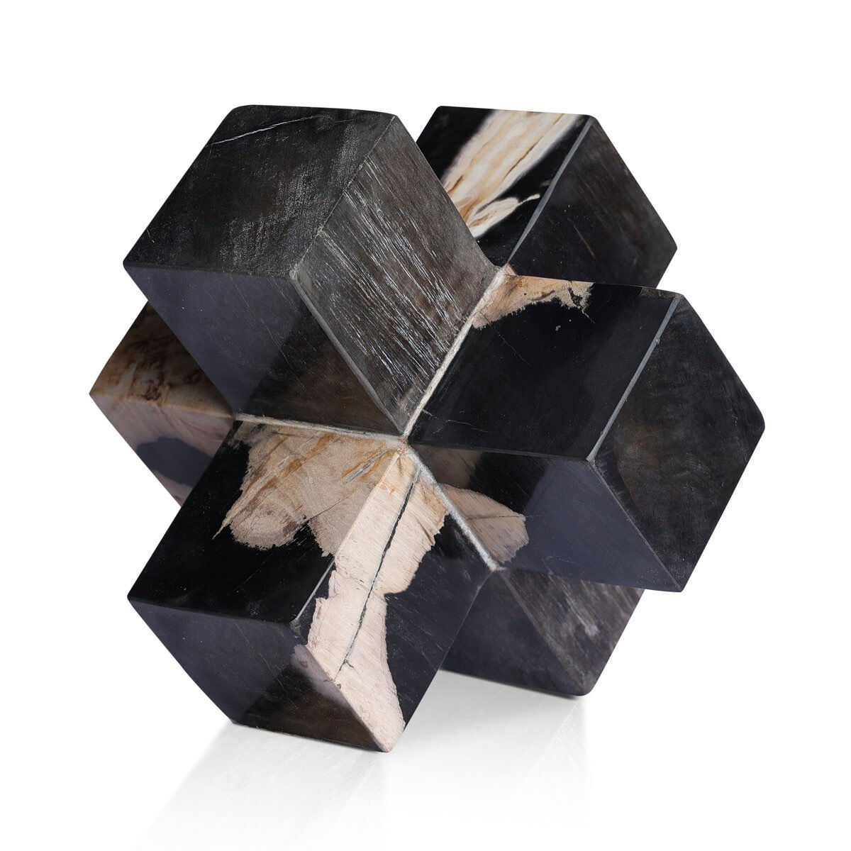 Black and white petrified wood cube sculpture