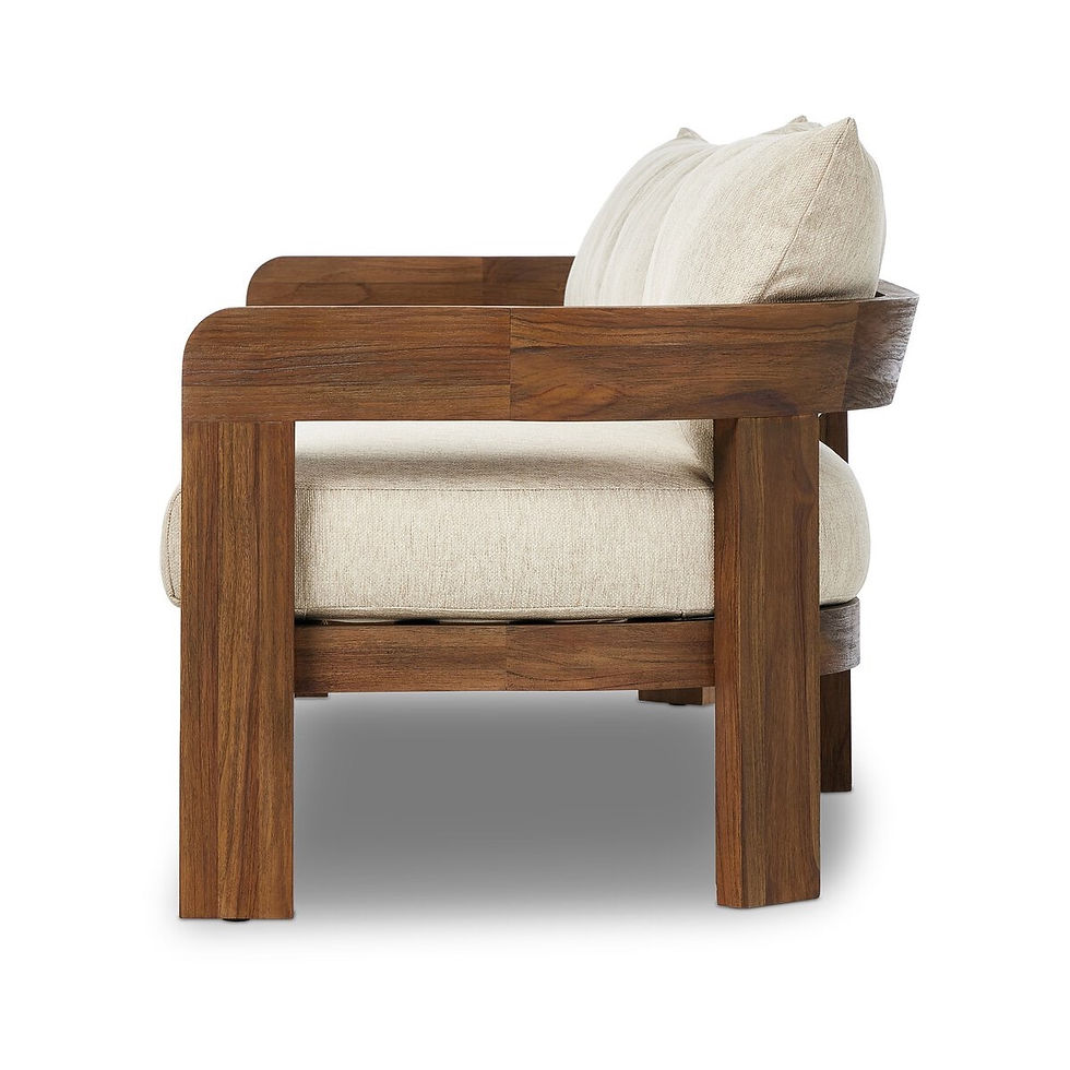 Thumbnail: Teak wood sofa with off-white cushions