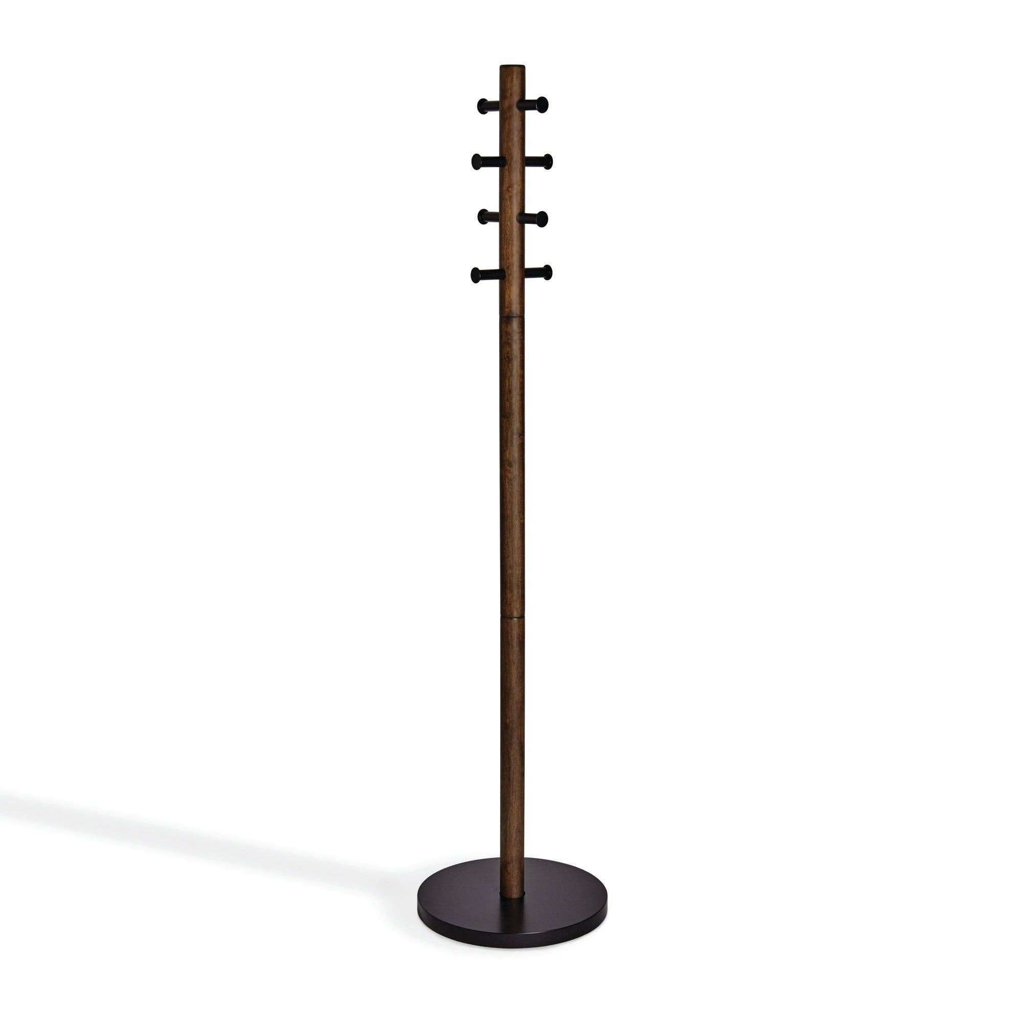 Dark brown wooden coat rack with six black pegs