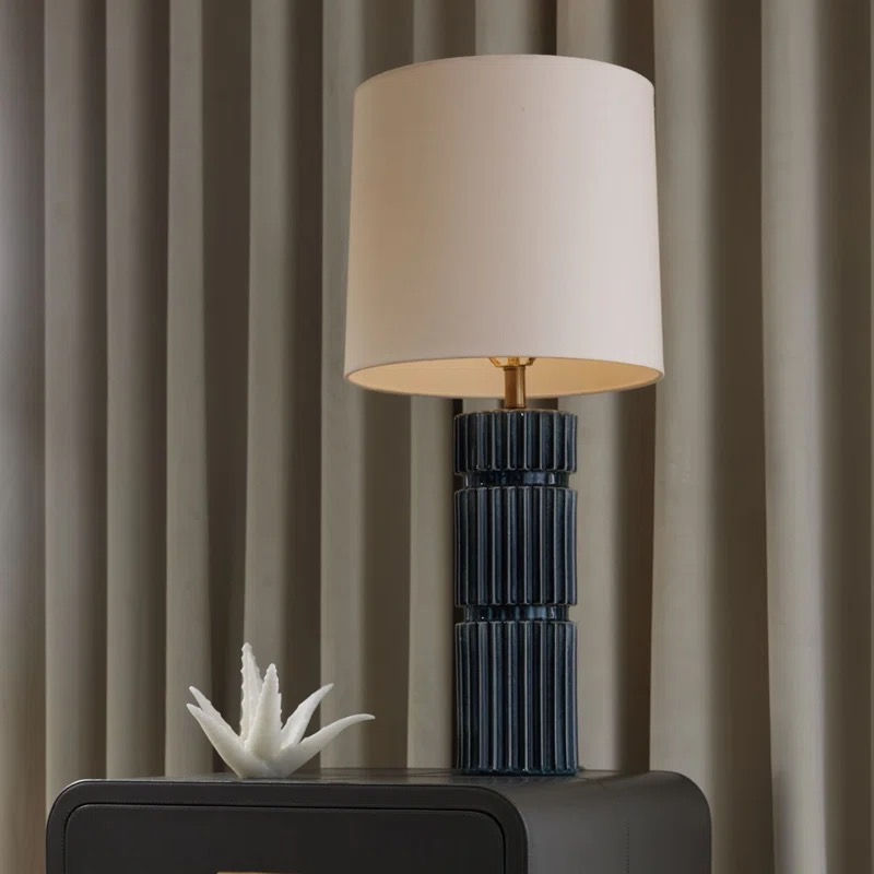 Thumbnail: Blue ceramic table lamp with off-white shade