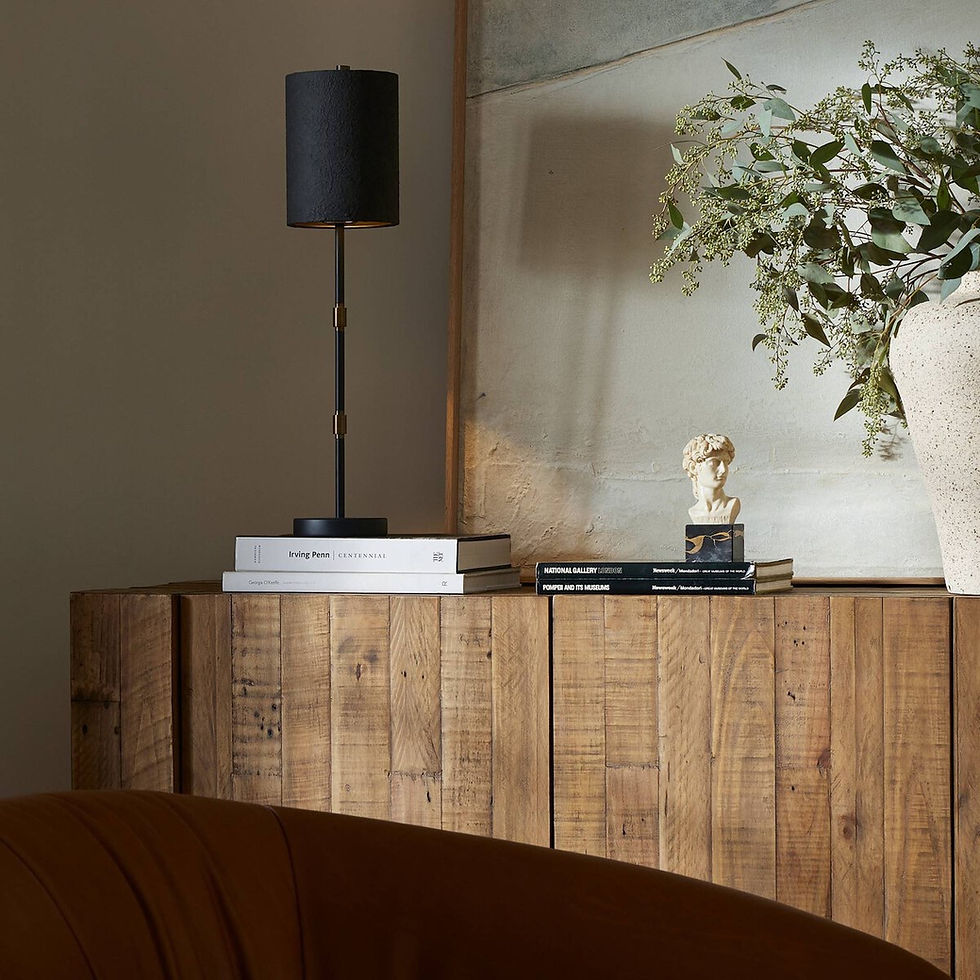 Black lamp on wooden cabinet with books